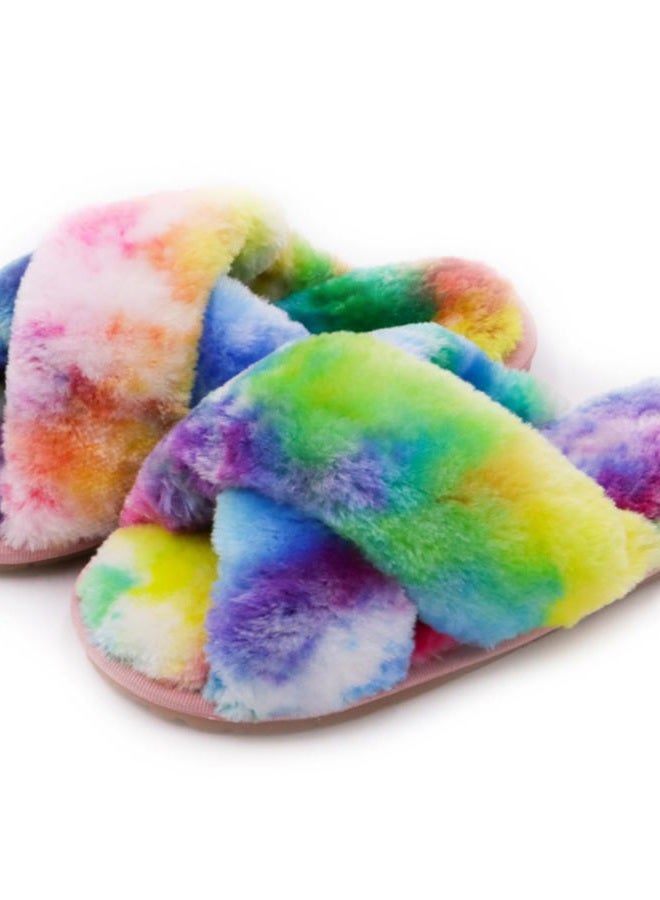 Crazy Lady Women's Fuzzy Crossband Fluffy Furry Fur Slippers Flip Flop Winter Warm Cozy House Memory Foam Sandals Slides Soft Flat Comfy Anti-Slip Spa Indoor Outdoor Slip on (06/Rainbow, 7-8) - Image 1
