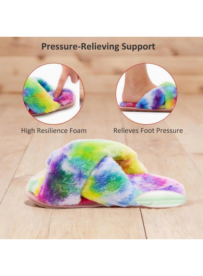 Crazy Lady Women's Fuzzy Crossband Fluffy Furry Fur Slippers Flip Flop Winter Warm Cozy House Memory Foam Sandals Slides Soft Flat Comfy Anti-Slip Spa Indoor Outdoor Slip on (06/Rainbow, 7-8) - Image 4