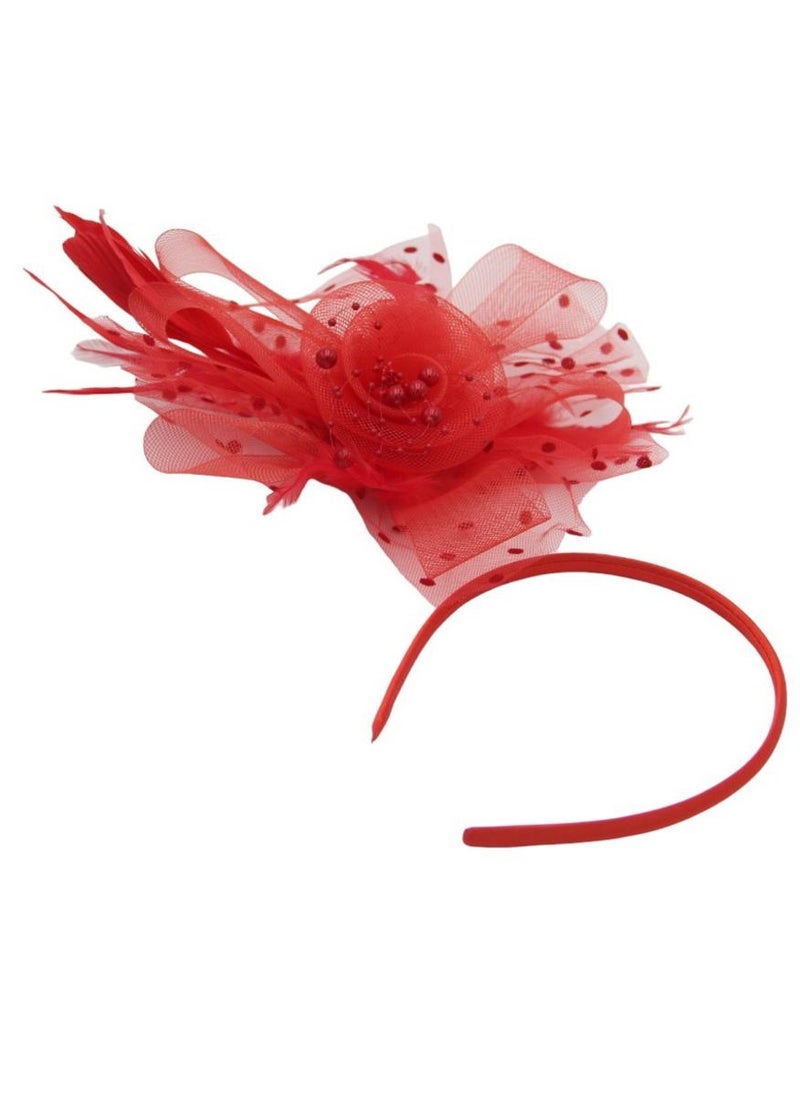 D'Daniela Ddaniela Monalisa Fascinator Hats for Women Tea Party Headband,  Hat Flower Mesh Ribbons Feathers on a Headband and a Clip Tea Party Headwear for Girls and Women Red - Image 2