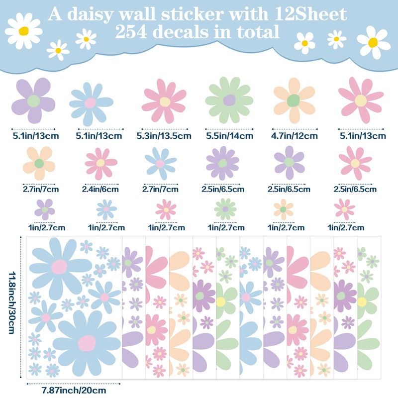 Sondeng 12 Sheets Daisy Wall Decals Boho Flower Wall Stickers Cute Kids Girls Room Decor Peel and Stick Floral Decals Toddler Nursery Playroom Living Room Bedroom Classroom Retro Hippie Decor Pastel Style - Image 2