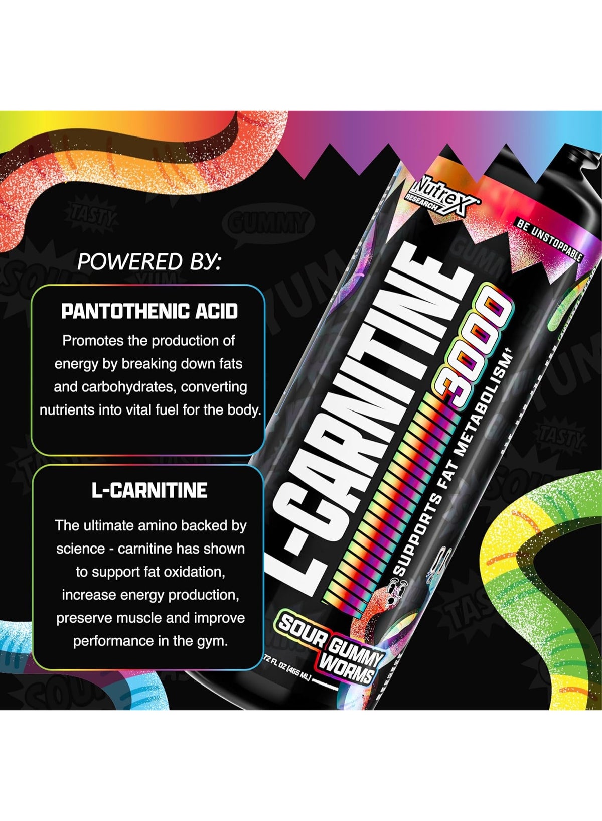 Nutrex Research Maximum Strength Liquid Carnitine 3000 Sour Gummy Worms 465ml