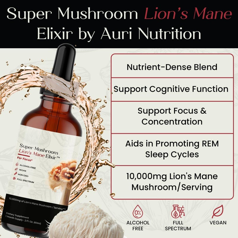 Auri Lions Mane Liquid Elixir  Brain Supplements for Memory and Focus with Functional Mushrooms  Lions Mane Supplement  Full Spectrum Lions Mane Extract  No GMO Vegan Mushroom Tincture - Image 3