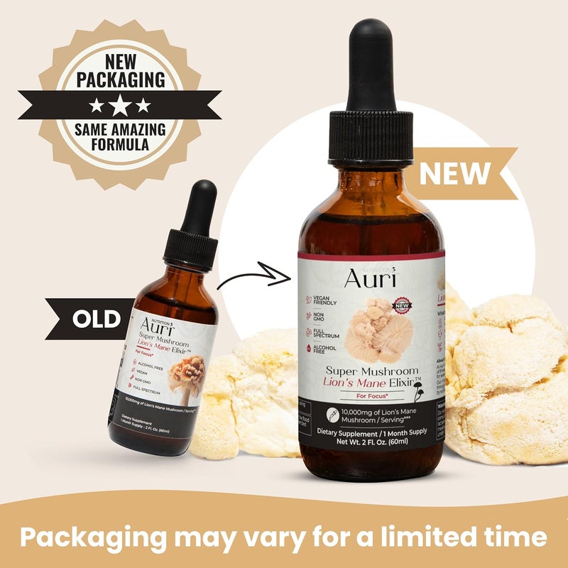 Auri Lions Mane Liquid Elixir  Brain Supplements for Memory and Focus with Functional Mushrooms  Lions Mane Supplement  Full Spectrum Lions Mane Extract  No GMO Vegan Mushroom Tincture - Image 2