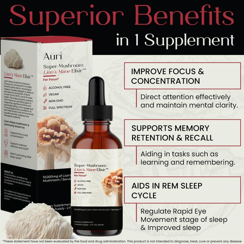 Auri Lions Mane Liquid Elixir  Brain Supplements for Memory and Focus with Functional Mushrooms  Lions Mane Supplement  Full Spectrum Lions Mane Extract  No GMO Vegan Mushroom Tincture - Image 4