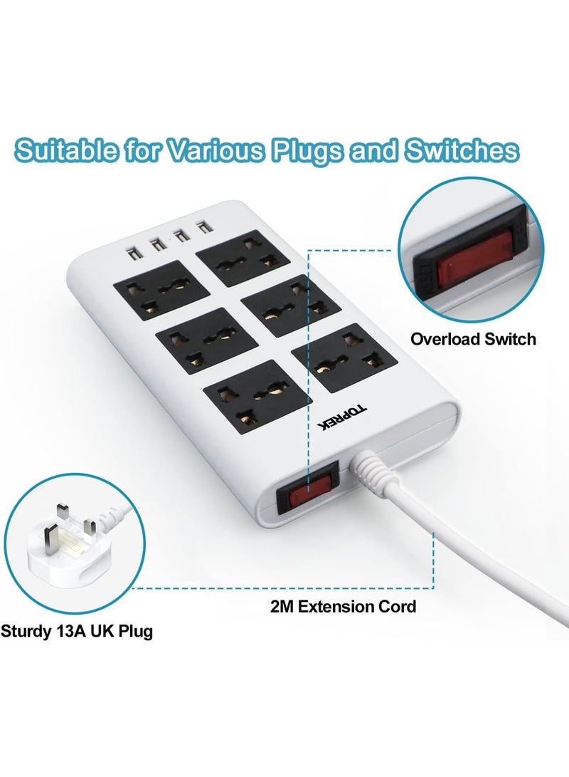 Power Strip with USB Slots, TOPERK 6 Way Extension Lead Outlets with 6 Smart Electrical Sockets & 4 USB Ports, 2M Extension Cord & 1 Switch, 3250W/13A, Extension Cord for Home Office, White - Image 3