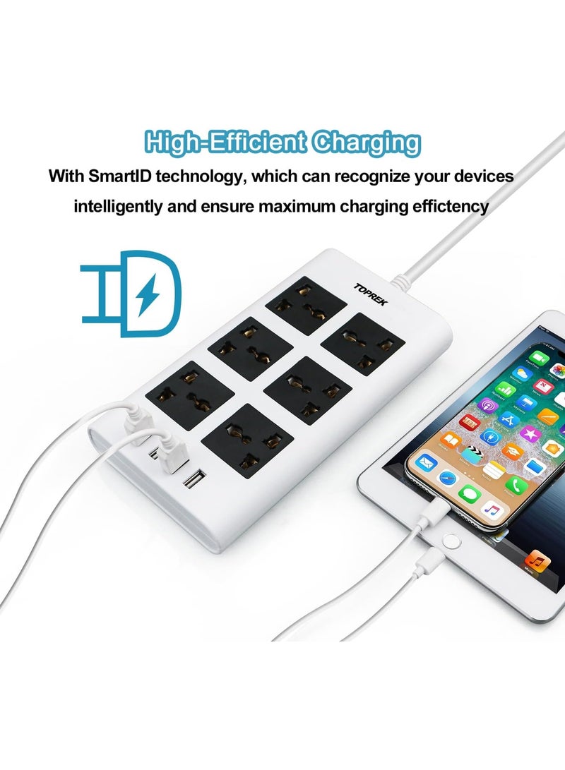 Power Strip with USB Slots, TOPERK 6 Way Extension Lead Outlets with 6 Smart Electrical Sockets & 4 USB Ports, 2M Extension Cord & 1 Switch, 3250W/13A, Extension Cord for Home Office, White - Image 5