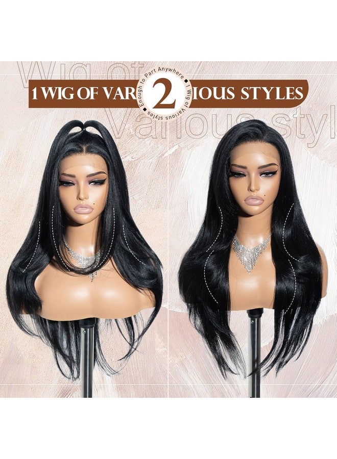 جويدر باروكة شعر مستعار أمامي من الدانتيل بطول 28 بوصة من Joedir، مستقيمة وطويلة، مقاس 13×4، للنساء ذوات البشرة السمراء، باروكة شعر أمامي من الدانتيل بجزء حر مع شعر صغير، خط شعر طبيعي، جذور سوداء، شعر مستعار صناعي سهل الدوران 360 درجة، ألياف مقاومة للحرارة (أسود داكن) - Image 3