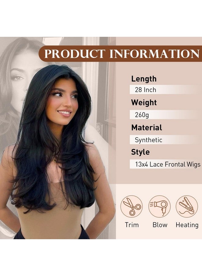 جويدر باروكة شعر مستعار أمامي من الدانتيل بطول 28 بوصة من Joedir، مستقيمة وطويلة، مقاس 13×4، للنساء ذوات البشرة السمراء، باروكة شعر أمامي من الدانتيل بجزء حر مع شعر صغير، خط شعر طبيعي، جذور سوداء، شعر مستعار صناعي سهل الدوران 360 درجة، ألياف مقاومة للحرارة (أسود داكن) - Image 2
