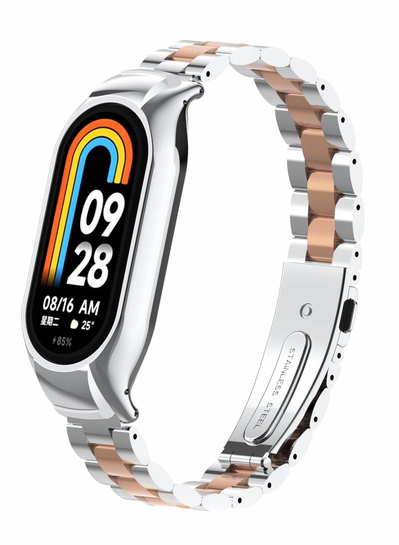 حزام متوافق مع Xiaomi Mi Band 3/4، سوار ساعة من الفولاذ المقاوم للصدأ وسوار معدني بديل لـ Xiaomi Mi Smart Xiaomi Mi Band 3/4 ذهبي وردي/فضي - Image 1