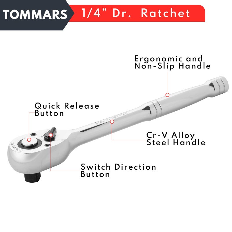Tommars 1/4 Inch Drive Ratchet 72-Tooth Quick-Release Socket Ratchet Wrench Handle Reversible - Image 5