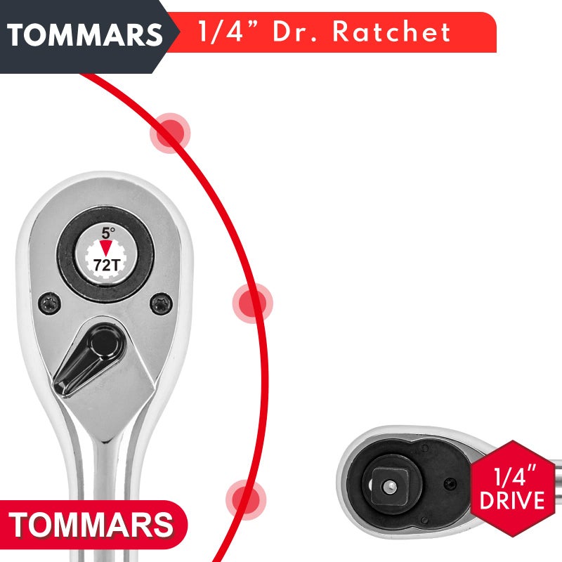 Tommars 1/4 Inch Drive Ratchet 72-Tooth Quick-Release Socket Ratchet Wrench Handle Reversible - Image 4