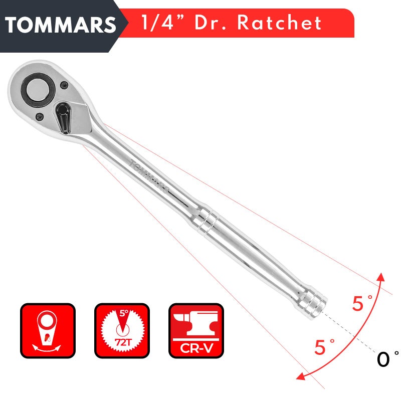Tommars 1/4 Inch Drive Ratchet 72-Tooth Quick-Release Socket Ratchet Wrench Handle Reversible - Image 3