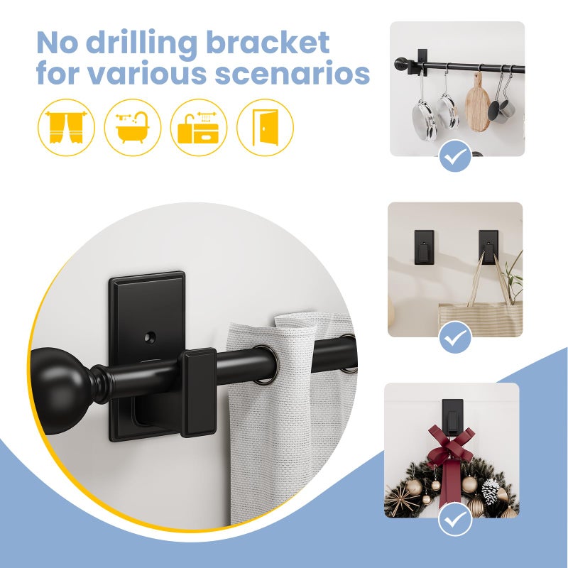 TKZTKZ No Drill Curtain Rod Brackets:Self Adhesive Curtain Rod Holders for Rod 5/8" No Screw,Heavy Duty Easy Curtain Rod Bracket No Drilling,No Damage Wall Renter Friendly Curtain Rod Hooks Black,2PCS - Image 2