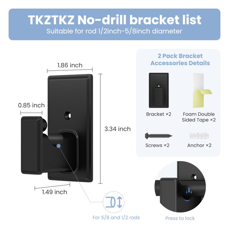 TKZTKZ No Drill Curtain Rod Brackets:Self Adhesive Curtain Rod Holders for Rod 5/8" No Screw,Heavy Duty Easy Curtain Rod Bracket No Drilling,No Damage Wall Renter Friendly Curtain Rod Hooks Black,2PCS - Image 5