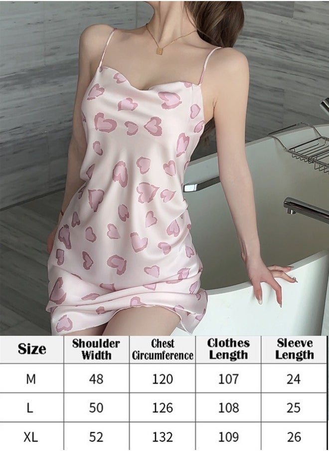 ZCM-HAPPY Pure Desire Women's Summer Ice Silk Pink Hearts Printed Pajamas – Celebrity Style High-End Sleeveless Nightdress, Thin and Breathable  - Image 2