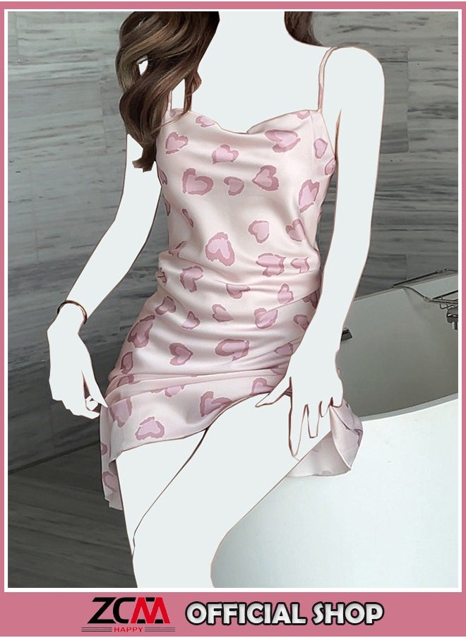ZCM-HAPPY Pure Desire Women's Summer Ice Silk Pink Hearts Printed Pajamas – Celebrity Style High-End Sleeveless Nightdress, Thin and Breathable  - Image 1