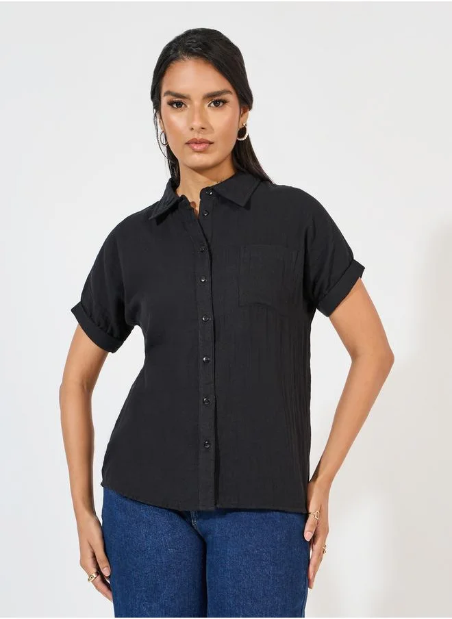 Styli Cotton Gauze Textured Shirt with Turn-Up Sleeves
