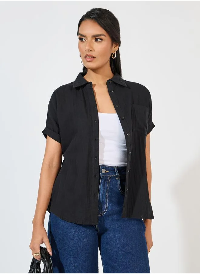 Styli Cotton Gauze Textured Shirt with Turn-Up Sleeves
