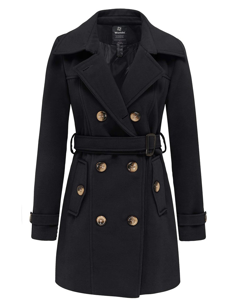 wantdo Women's Double Breasted Pea Coat Winter Mid-Long Trench Coat with Belt Black Medium - Image 1