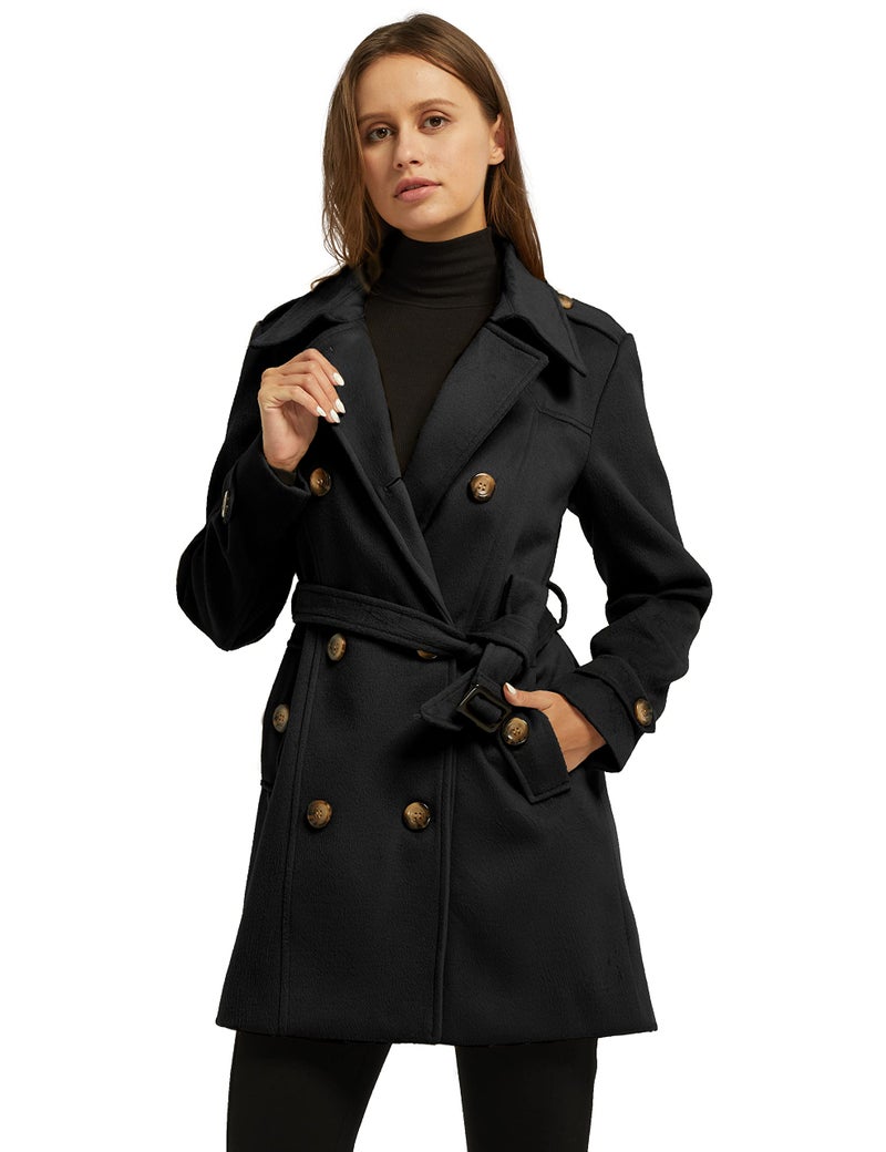 wantdo Women's Double Breasted Pea Coat Winter Mid-Long Trench Coat with Belt Black Medium - Image 3