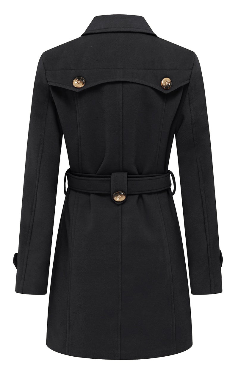 wantdo Women's Double Breasted Pea Coat Winter Mid-Long Trench Coat with Belt Black Medium - Image 2