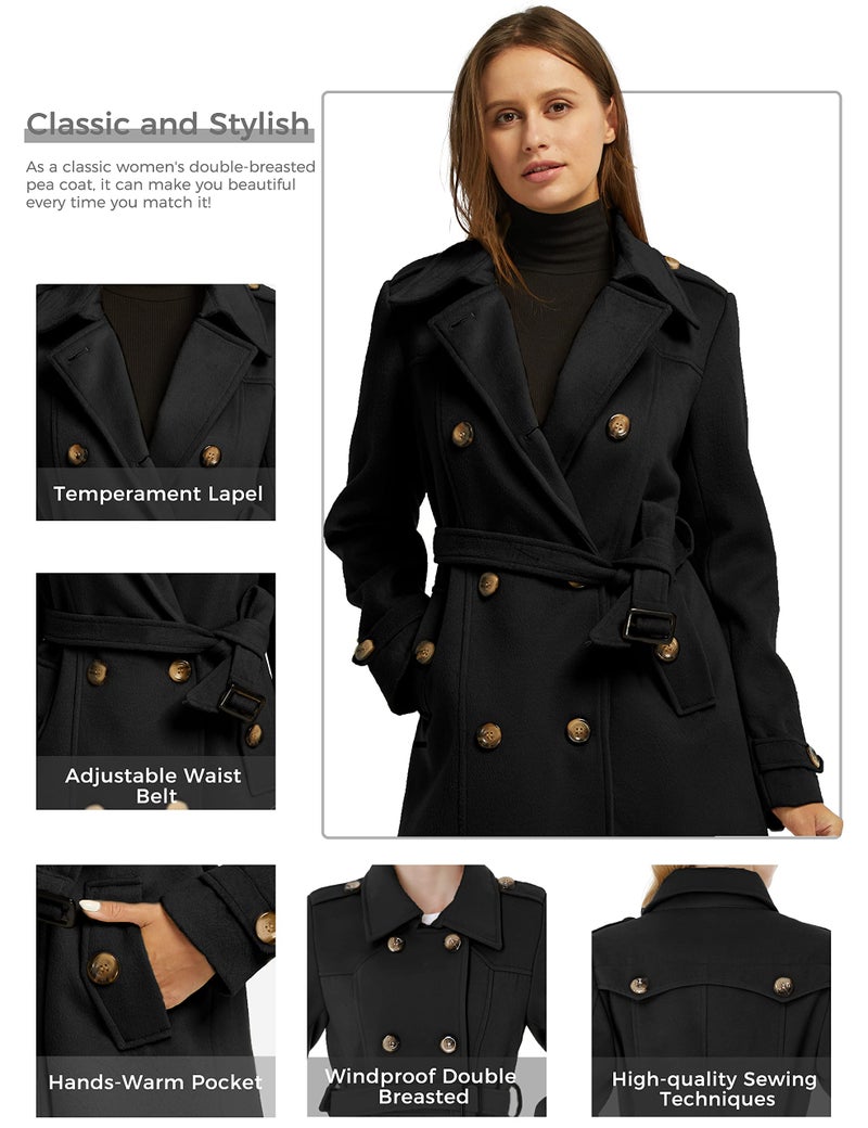 wantdo Women's Double Breasted Pea Coat Winter Mid-Long Trench Coat with Belt Black Medium - Image 5