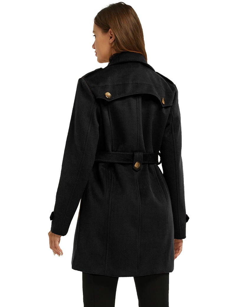 wantdo Women's Double Breasted Pea Coat Winter Mid-Long Trench Coat with Belt Black Medium - Image 4