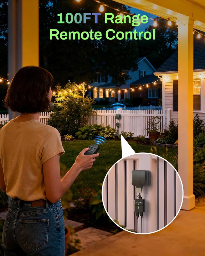 BN-LINK Outdoor Light Timer, Waterproof Plug-in Dusk-to-Dawn Controller with 2 Grounded Outlets for Christmas & Halloween String Lights, 15A 1/2HP, ETL Listed, 100 ft RF Range, Remote Included - Image 3