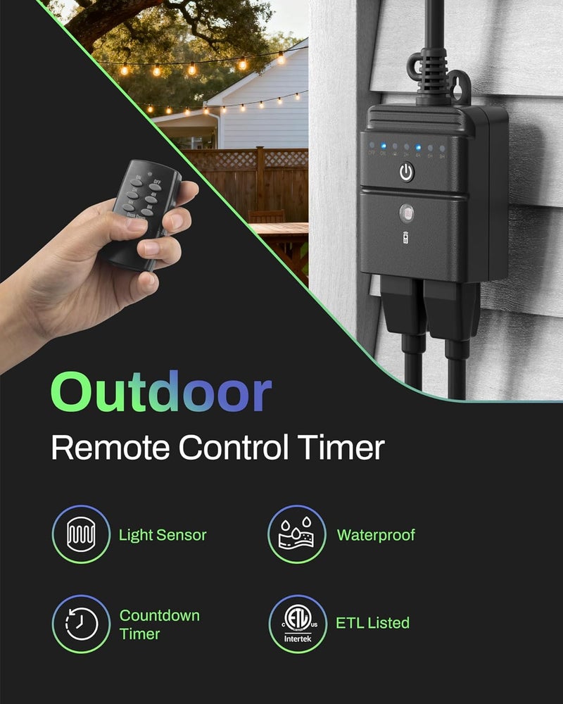 BN-LINK Outdoor Light Timer, Waterproof Plug-in Dusk-to-Dawn Controller with 2 Grounded Outlets for Christmas & Halloween String Lights, 15A 1/2HP, ETL Listed, 100 ft RF Range, Remote Included - Image 2