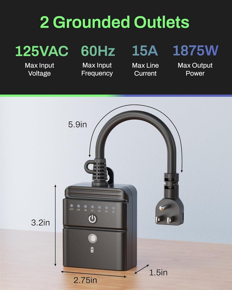 BN-LINK Outdoor Light Timer, Waterproof Plug-in Dusk-to-Dawn Controller with 2 Grounded Outlets for Christmas & Halloween String Lights, 15A 1/2HP, ETL Listed, 100 ft RF Range, Remote Included - Image 5