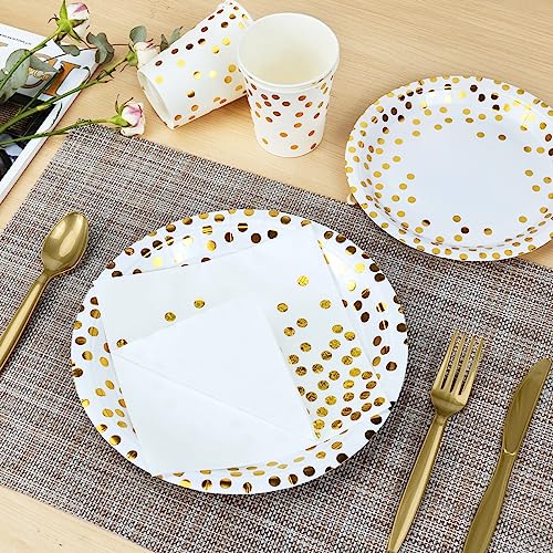 Lzerking Party Supplies Set - 210 Pieces of White and Gold Dot Paper Plates, Cups, Napkins, and Heavy Duty Silverware for 30 Guests for Birthdays, Graduation, Wedding, Festivals - Image 5