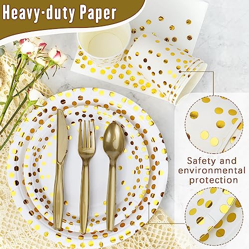 Lzerking Party Supplies Set - 210 Pieces of White and Gold Dot Paper Plates, Cups, Napkins, and Heavy Duty Silverware for 30 Guests for Birthdays, Graduation, Wedding, Festivals - Image 4