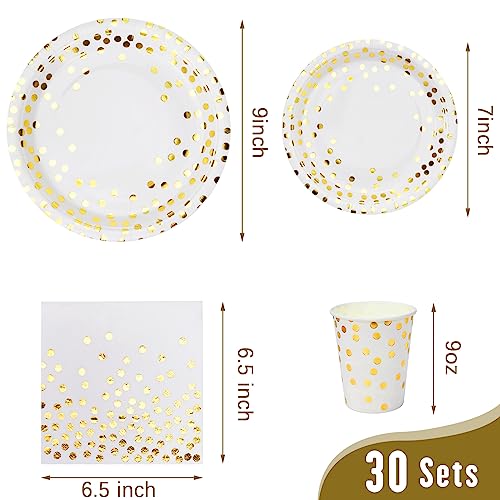 Lzerking Party Supplies Set - 210 Pieces of White and Gold Dot Paper Plates, Cups, Napkins, and Heavy Duty Silverware for 30 Guests for Birthdays, Graduation, Wedding, Festivals - Image 2