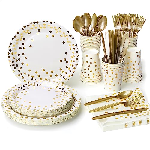 Lzerking Party Supplies Set - 210 Pieces of White and Gold Dot Paper Plates, Cups, Napkins, and Heavy Duty Silverware for 30 Guests for Birthdays, Graduation, Wedding, Festivals - Image 1
