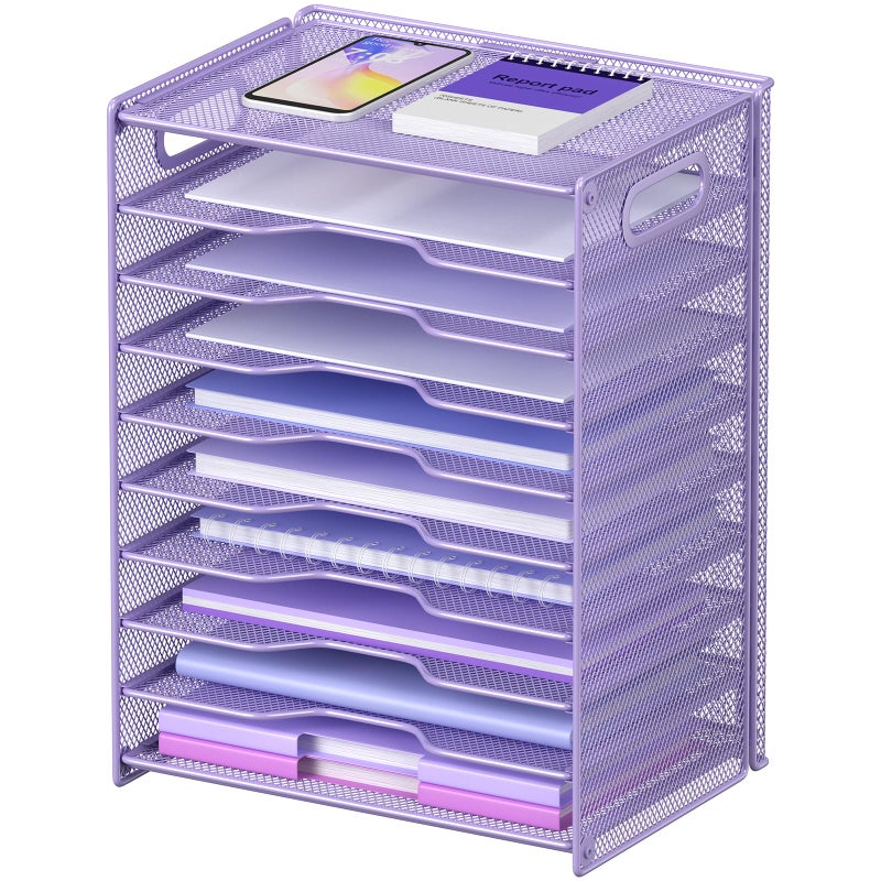 OUTWOLF 10 Tier Paper Organizer - Letter Tray Mesh Desk File Organizer with Handles for Office School Desktop, Purple - Image 1