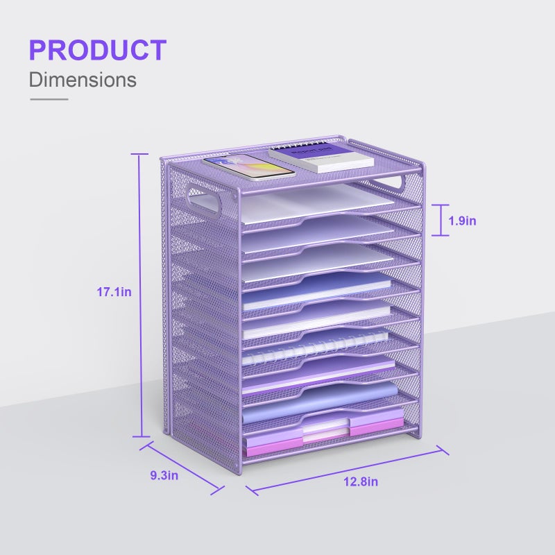 OUTWOLF 10 Tier Paper Organizer - Letter Tray Mesh Desk File Organizer with Handles for Office School Desktop, Purple - Image 3