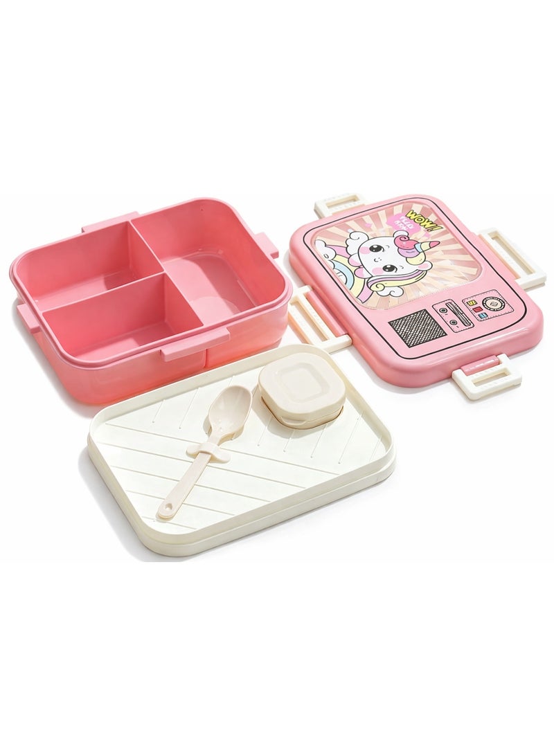 Mobcos Unicorn-Themed Pink Plastic Multi-Compartment Portable Kids Lunch Box with Secure Locking Lid for Fresh and Organized Meals - Image 2