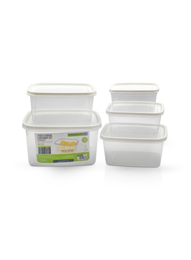 Royalford 5 Pieces Rectangle Plastic Food Storage Containers - Rf12188 | 400 Ml, 700 Ml, 1200 Ml, 1800 Ml, 2900 Ml - Leak-Proof, White With Transparent Body For Kitchen Organization. Clear & White - Image 2