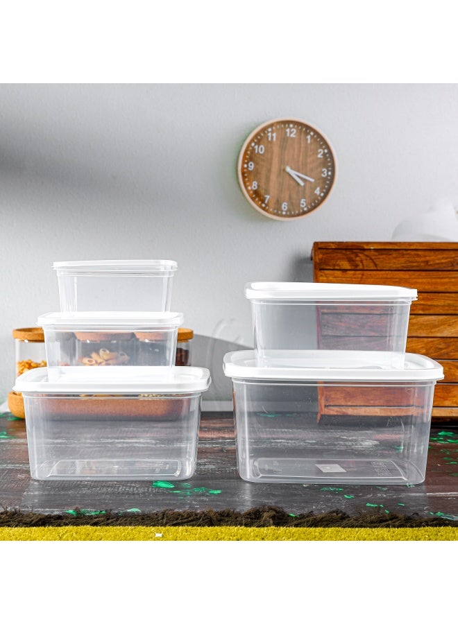 Royalford 5 Pieces Rectangle Plastic Food Storage Containers - Rf12188 | 400 Ml, 700 Ml, 1200 Ml, 1800 Ml, 2900 Ml - Leak-Proof, White With Transparent Body For Kitchen Organization. Clear & White - Image 1