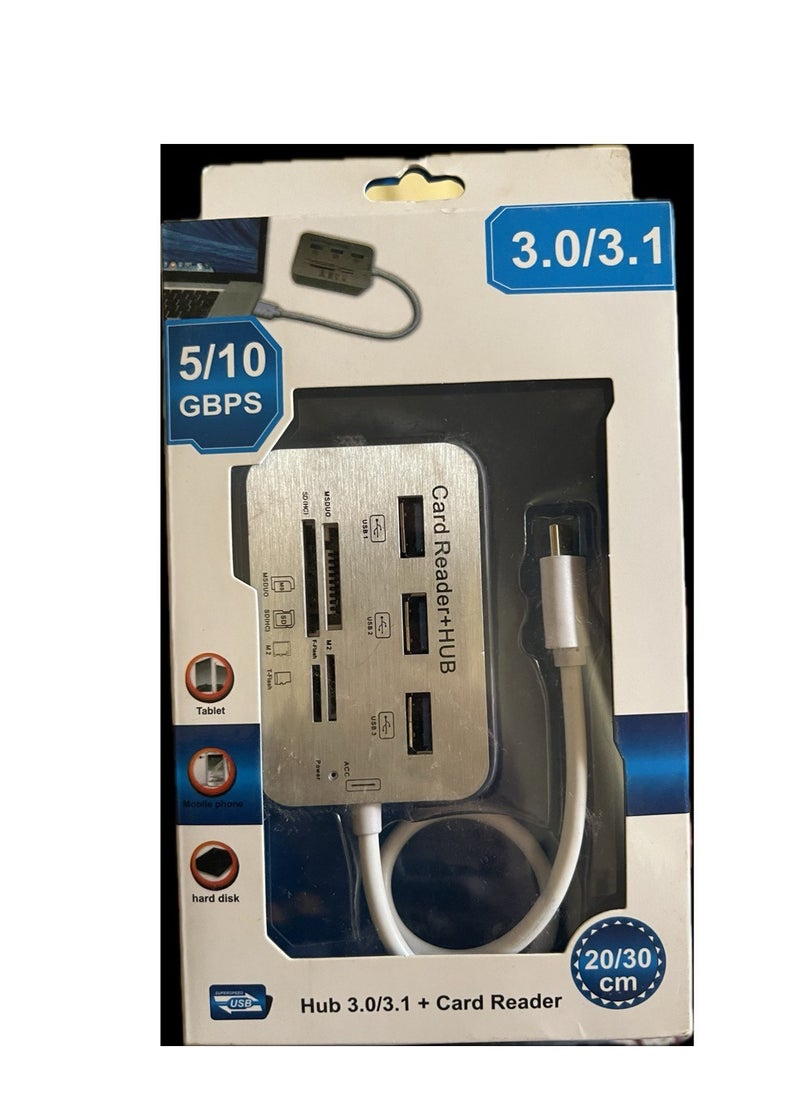 Generic - USB Type C 3.0/3.1 Card Reade Adapter Type-c to 3 Port USB 3.0 Hub with Card Reader MSDUO SD(HC) M2 TF(Flash) Multi-in-1 Memory Adapter Cable[0.3m/1ft](White/Type-c) - Image 1