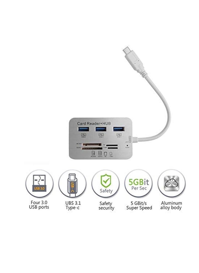 Generic - USB Type C 3.0/3.1 Card Reade Adapter Type-c to 3 Port USB 3.0 Hub with Card Reader MSDUO SD(HC) M2 TF(Flash) Multi-in-1 Memory Adapter Cable[0.3m/1ft](White/Type-c) - Image 1