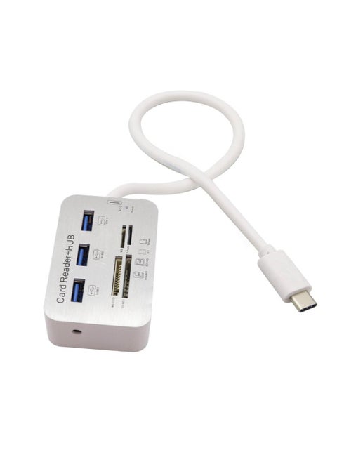 USB Type C 3.0/3.1 Card Reade Adapter Type-c to 3 Port USB 3.0 Hub with Card Reader MSDUO SD(HC) M2 TF(Flash) Multi-in-1 Memory Adapter Cable[0.3m/1ft](White/Type-c)