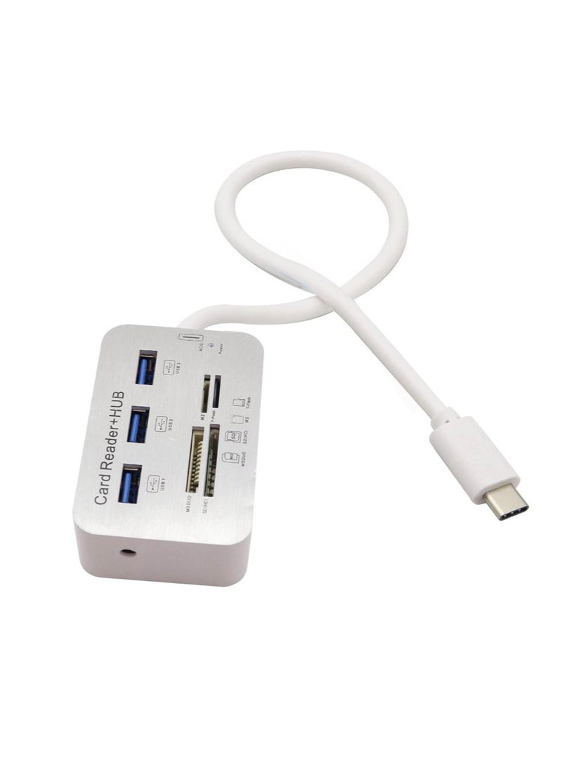 Generic - USB Type C 3.0/3.1 Card Reade Adapter Type-c to 3 Port USB 3.0 Hub with Card Reader MSDUO SD(HC) M2 TF(Flash) Multi-in-1 Memory Adapter Cable[0.3m/1ft](White/Type-c) - Image 1