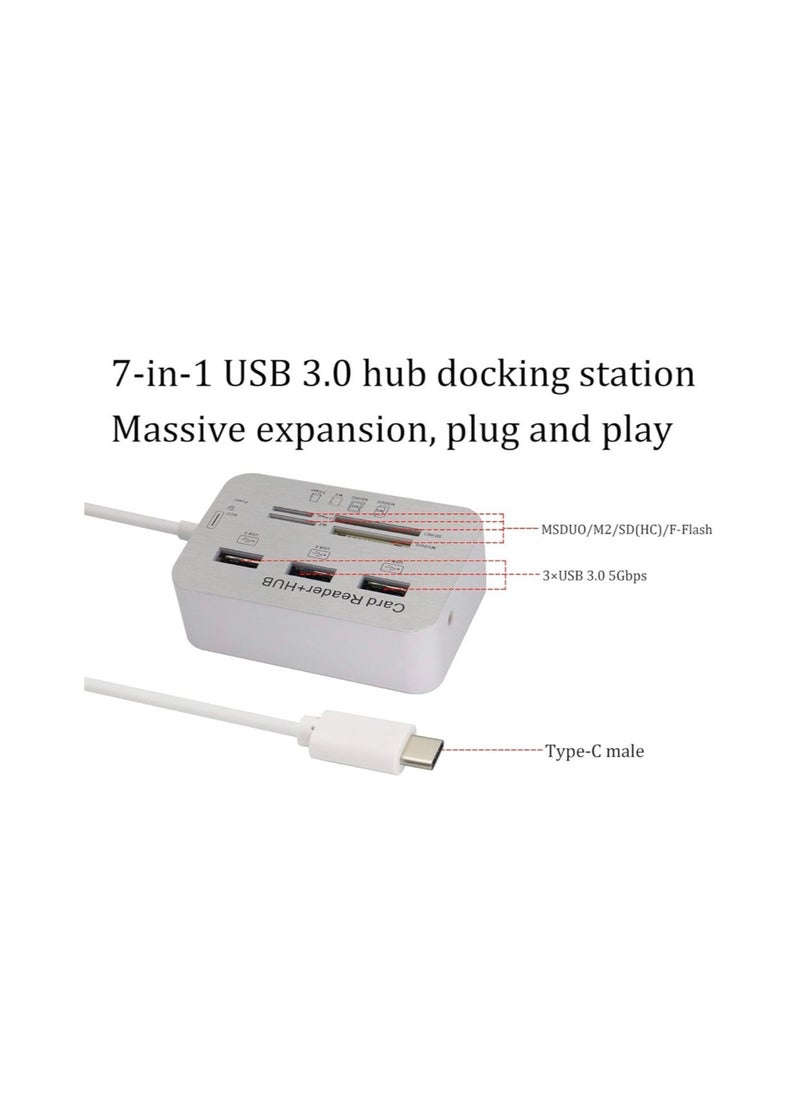 Generic - USB Type C 3.0/3.1 Card Reade Adapter Type-c to 3 Port USB 3.0 Hub with Card Reader MSDUO SD(HC) M2 TF(Flash) Multi-in-1 Memory Adapter Cable[0.3m/1ft](White/Type-c) - Image 1