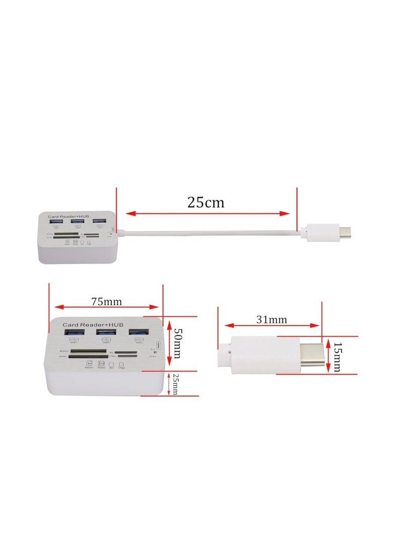Generic - USB Type C 3.0/3.1 Card Reade Adapter Type-c to 3 Port USB 3.0 Hub with Card Reader MSDUO SD(HC) M2 TF(Flash) Multi-in-1 Memory Adapter Cable[0.3m/1ft](White/Type-c) - Image 1