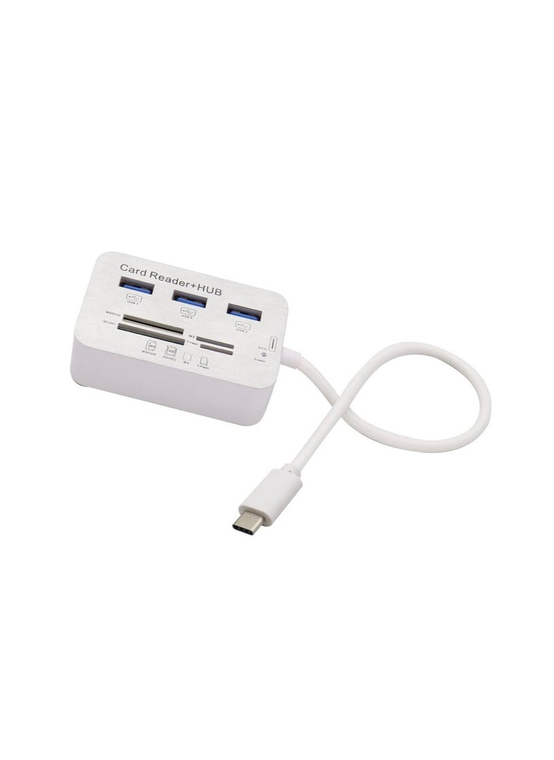 Generic - USB Type C 3.0/3.1 Card Reade Adapter Type-c to 3 Port USB 3.0 Hub with Card Reader MSDUO SD(HC) M2 TF(Flash) Multi-in-1 Memory Adapter Cable[0.3m/1ft](White/Type-c) - Image 1