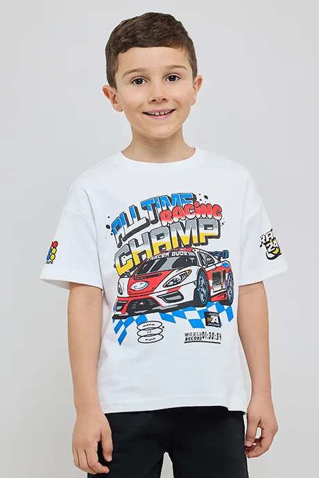 أر أند بي Printed T-Shirt with Crew Neck and Short Sleeves