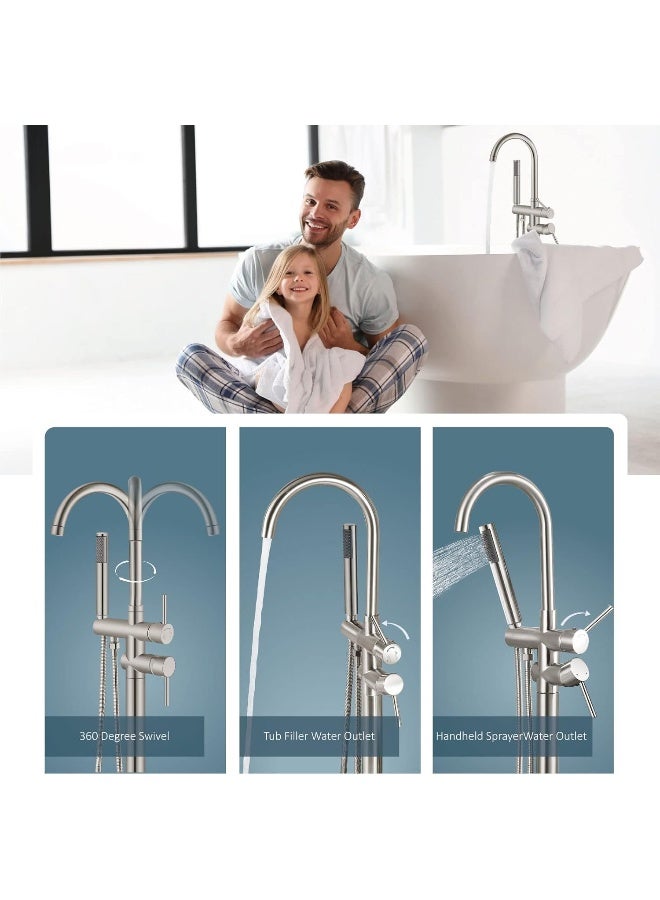 Aolemi Floor Mount Bathtub Faucet Freestanding Tub Filler Standing High Flow Shower Faucets Shower Mixer Taps, Swivel Gooseneck Spout with Cylinder Handheld Brushed Nickel - Image 3