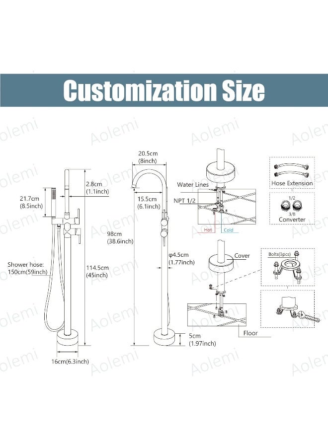 Aolemi Floor Mount Bathtub Faucet Freestanding Tub Filler Standing High Flow Shower Faucets Shower Mixer Taps, Swivel Gooseneck Spout with Cylinder Handheld Brushed Nickel - Image 2