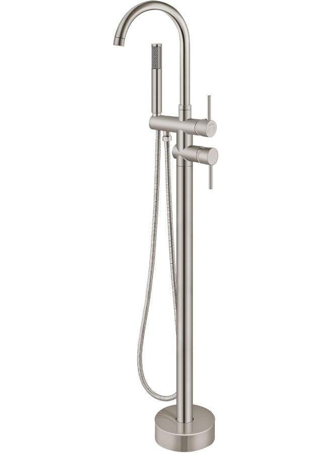 Aolemi Floor Mount Bathtub Faucet Freestanding Tub Filler Standing High Flow Shower Faucets Shower Mixer Taps, Swivel Gooseneck Spout with Cylinder Handheld Brushed Nickel - Image 1